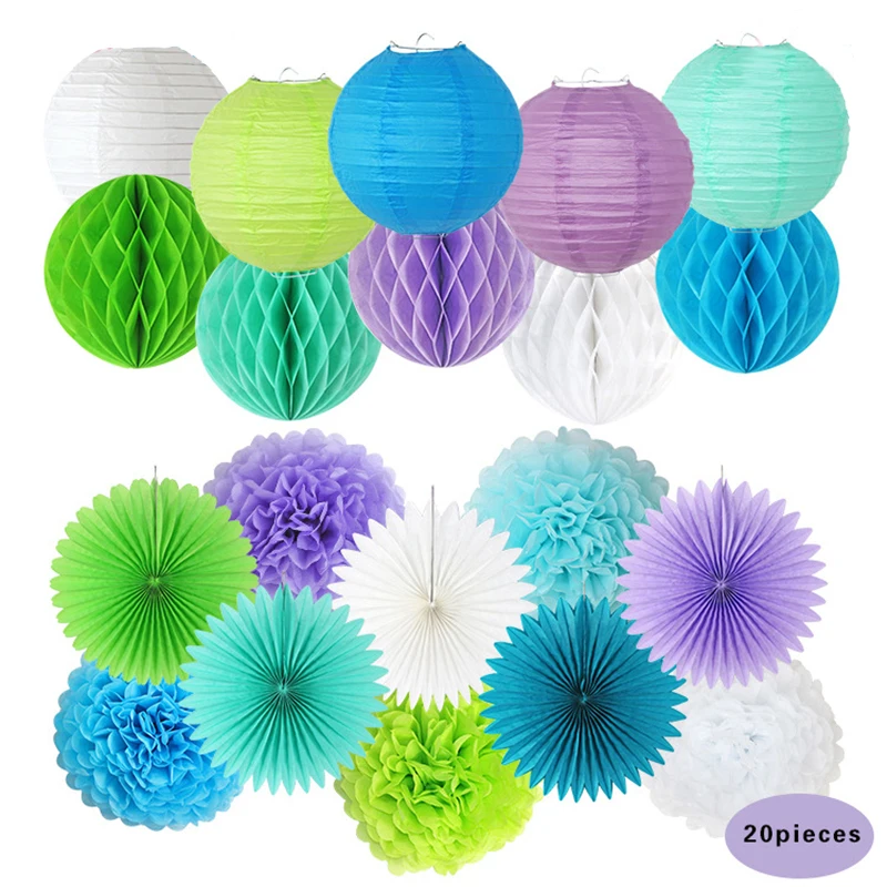 

HAOCHU 20pcs/set Blue White Paper Lanterns Paper Ball Honeycomb For Wedding Holiday Party Decoration Kits Outdoor Event Supply