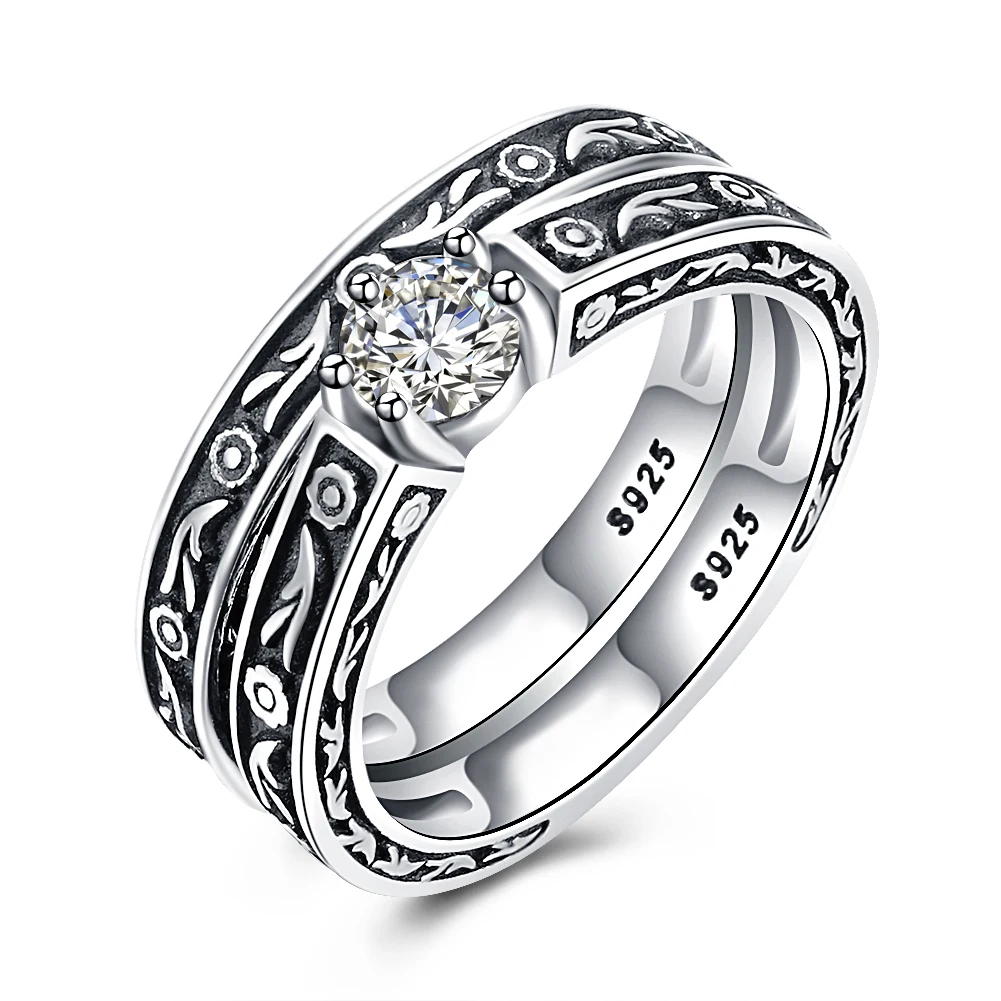 

Retro Trend 925 Sterling Silver Ring Women Round CZ Ancient Carved Pattern S925 Double Rings for Lady Party Fine Jewelry Vintage