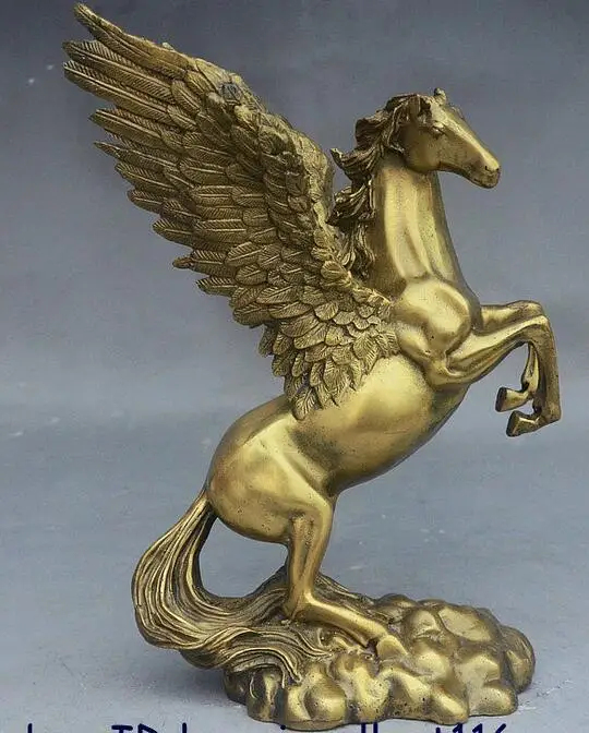 

10" Greek mythology Pegasus Rise up Fly Wings Fine Horse Brass success Statue