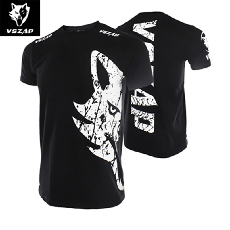 Vszap Wolf Head Short Sleeve Sports Shirt for Boxing MMA muay thai Kick boxing camisetas mma Jerseys Jersey Q |