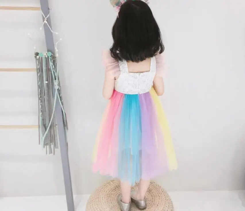 New 2019 Fairy Sequined Rainbow Mesh Unicorn Dresses For Kids Baby Girls Cute Cosplay Clothing 5 pcs/lot Wholesale | Детская одежда и