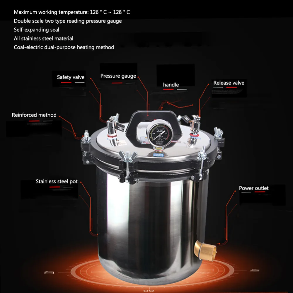 8L/18L/24L портативный нагревательный Автоклав из нержавеющей стали стерилизатор высокого давления