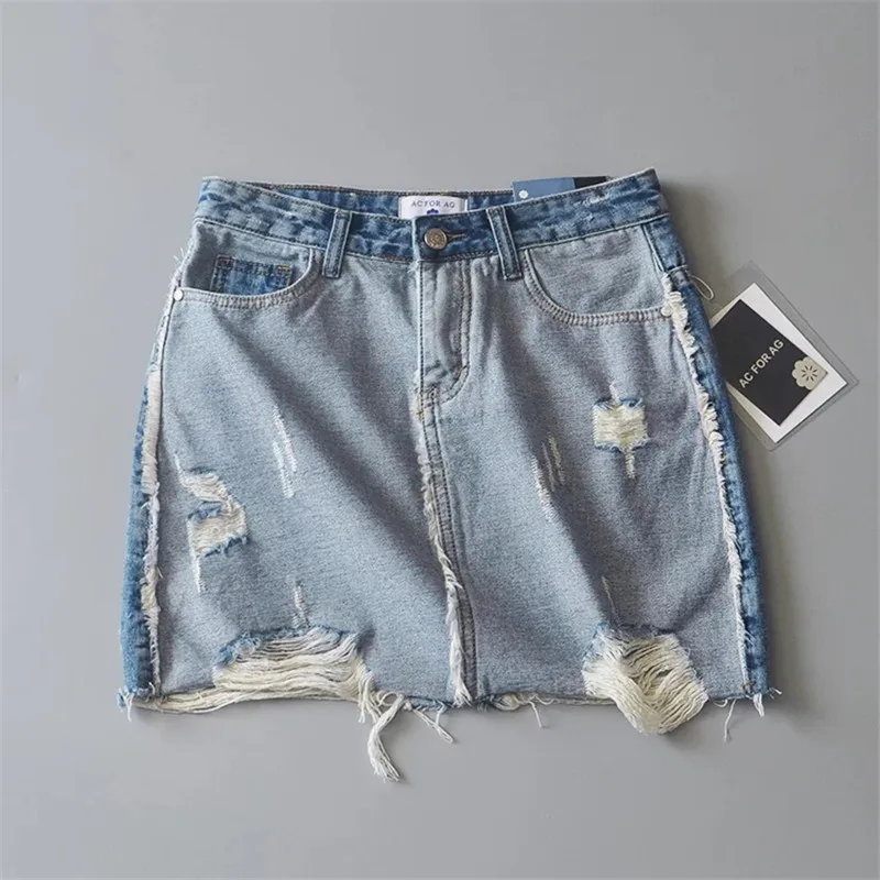 Рваные сексуальные короткие мини джинсовые юбки девушки лето с высокой талией кисточкой Мода контрастные цвета женская джинсовая юбка