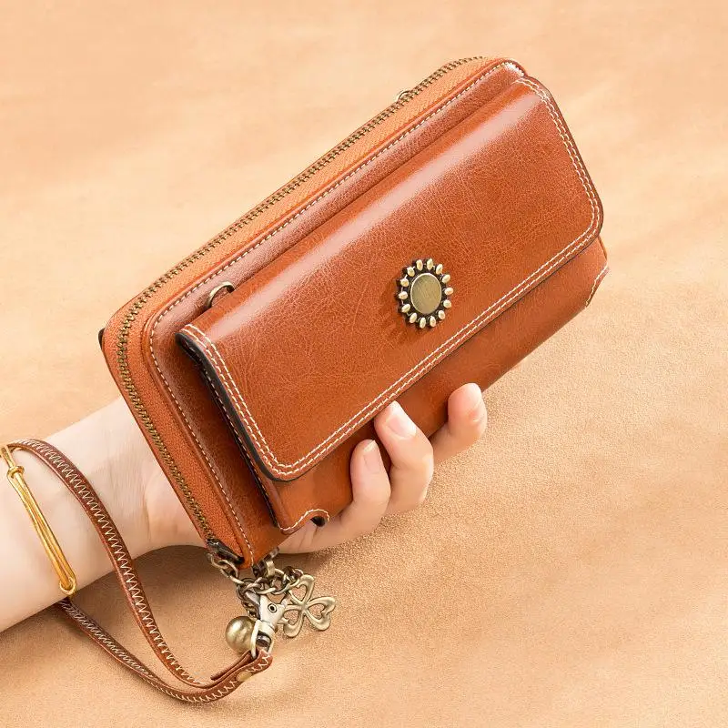 Коричневый Vintage Oil Wax Leather Women Wallets Long Zippers Purse Genuine Leather Wallet Female Clutch Multifunction Big Capacity Wallet - Цвет: Коричневый