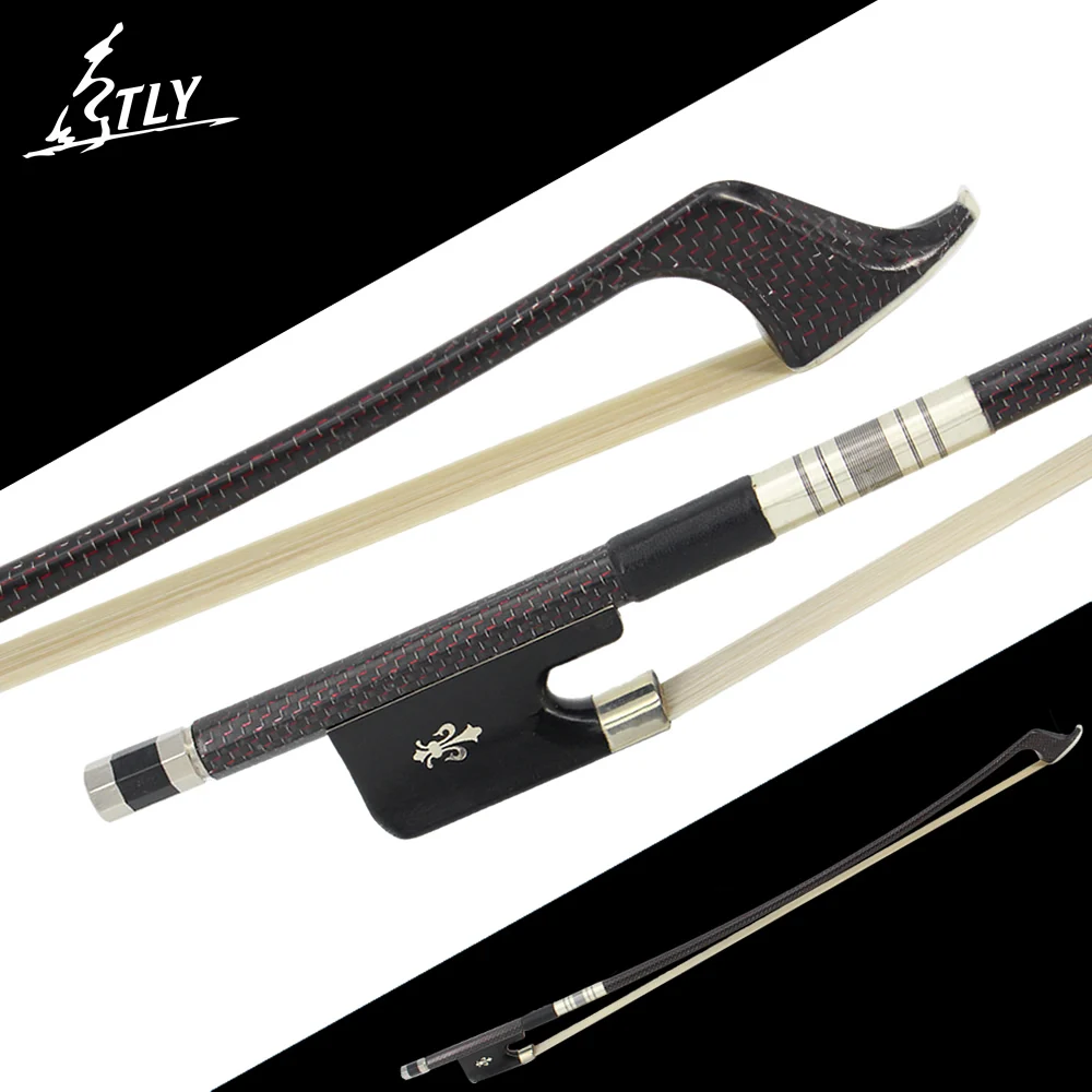 

New Factory Store Red Plaid Carbon Fiber French Double Bass Bow 4/4 Orchid Carved Ebony Frog w/ Colored Shell