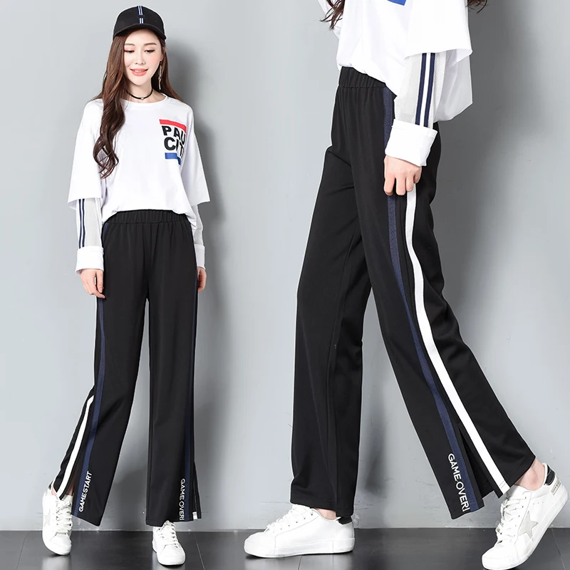 M-2XL осень Для женщин повседневные штаны модные Side Striped письмо шаровары леди