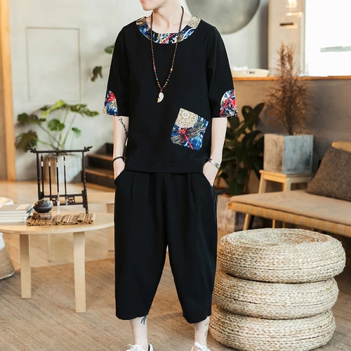 LOLDEAL Китайский Мужской комплект с рукавами и вышитыми цветами из хлопка льна