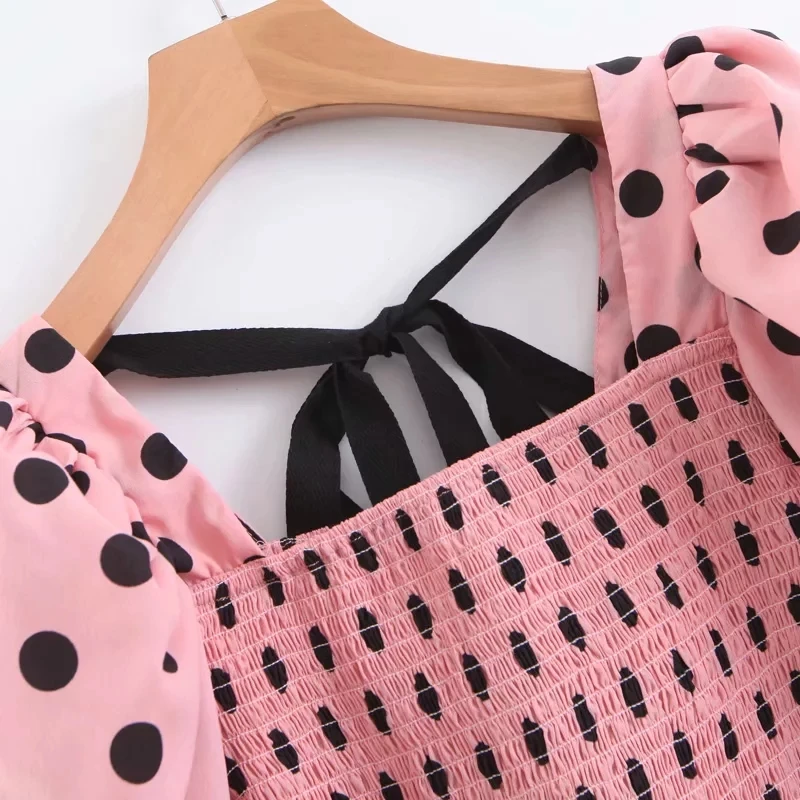 Винтаж Boho kawaii В Горошек розовая блузка женская летняя обувь на шнуровке