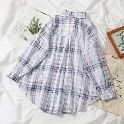 Женские блузки и топы корейские шифоновые рубашки в клетку женские с длинными