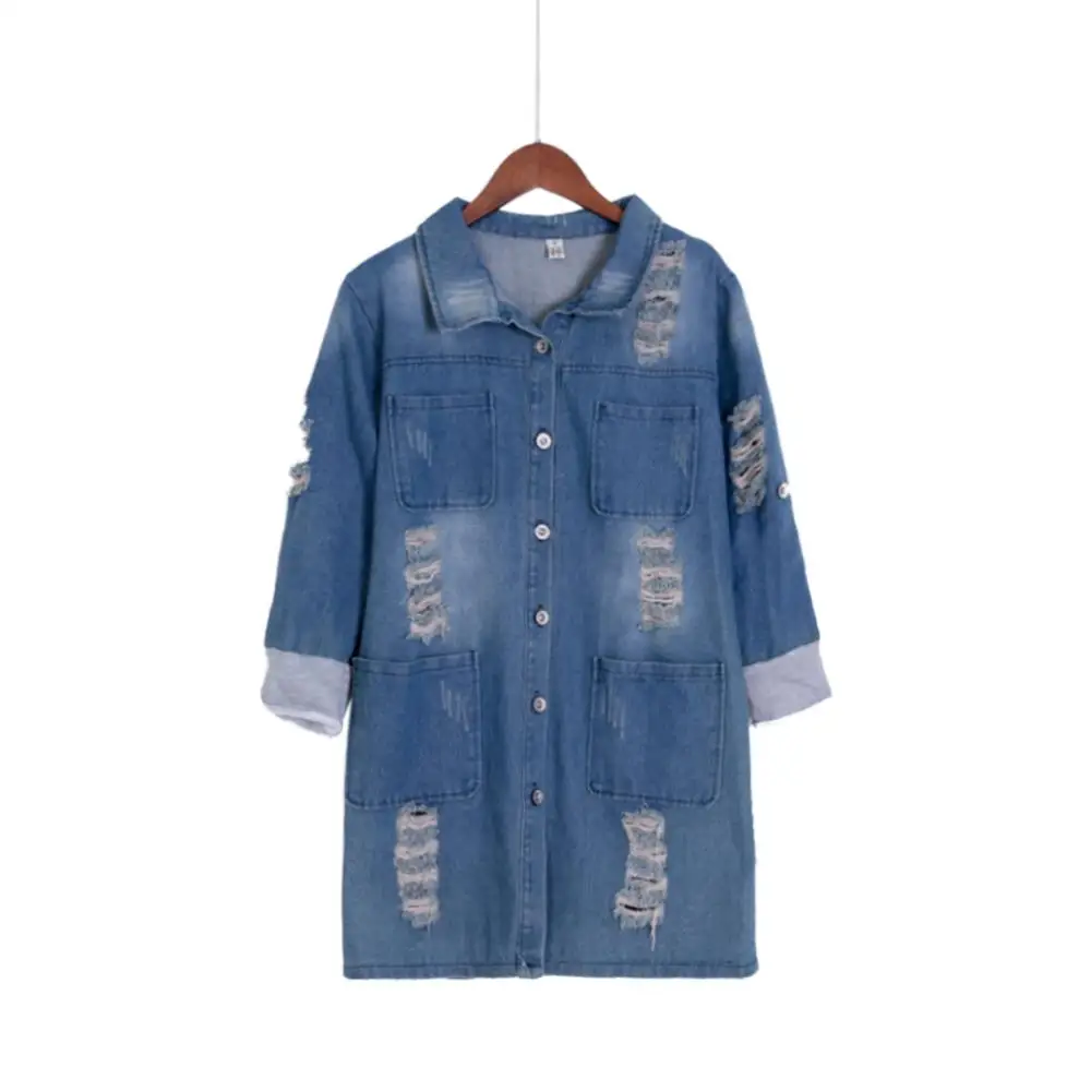 Navy Blue Новая мода, весна-осень, женское джинсовое пальто с длинным рукавом, Женская Повседневная рваная длинная джинсовая куртка, верхняя одежда, 5XL T52920 - Цвет: Navy Blue