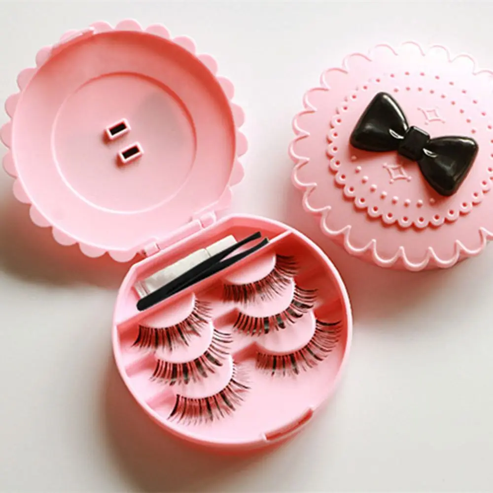 

False Eyelash Storage display Box with Cosmetic Mirror Case Organizer Beauty Makeup pink Tool Kit for women Acrylic Cute Bow
