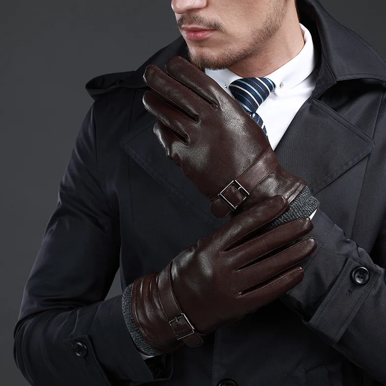 Новые кожаные зимние перчатки guantes, теплые перчатки из овчины, мужские кожаные перчатки, простые противоскользящие перчатки для мужчин KWA559 - Цвет: Brown