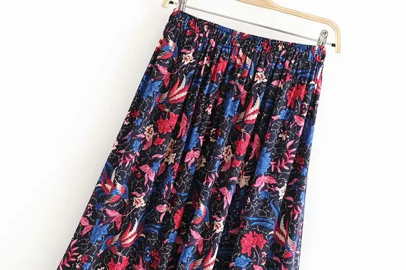 Vintage chic women Hippie birds floral print beach Bohemian pleated skirt High Elastic Waist Maxi A-Line Boho Skirt Femme