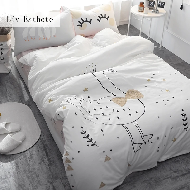 Liv_Esthete Лебедь мультфильм печатных Постельное белье дети пододеяльник набор