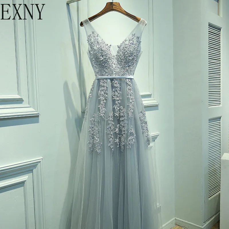 EXNY Sexy v-образным вырезом вечернее платье халат De Soiree 2019 Темно-синие Тюль с