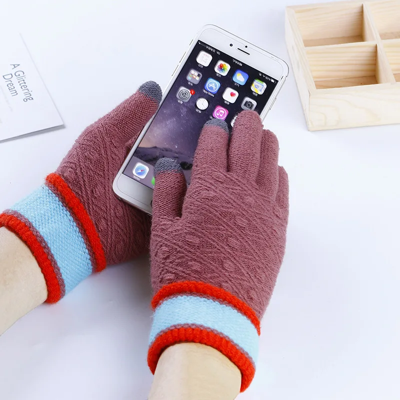 Перчатки женские вязаные зимние теплые уличные Полосатые Шерстяные с бархатным