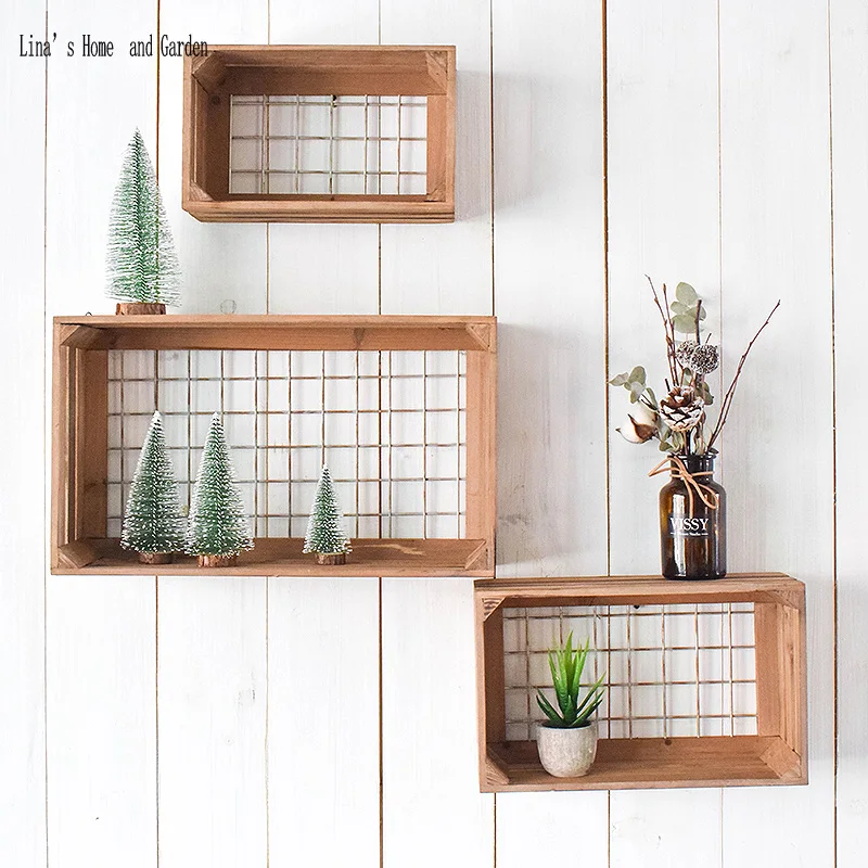Проволочная Сетка винтажная коричневая деревянная полка для хранения на стене