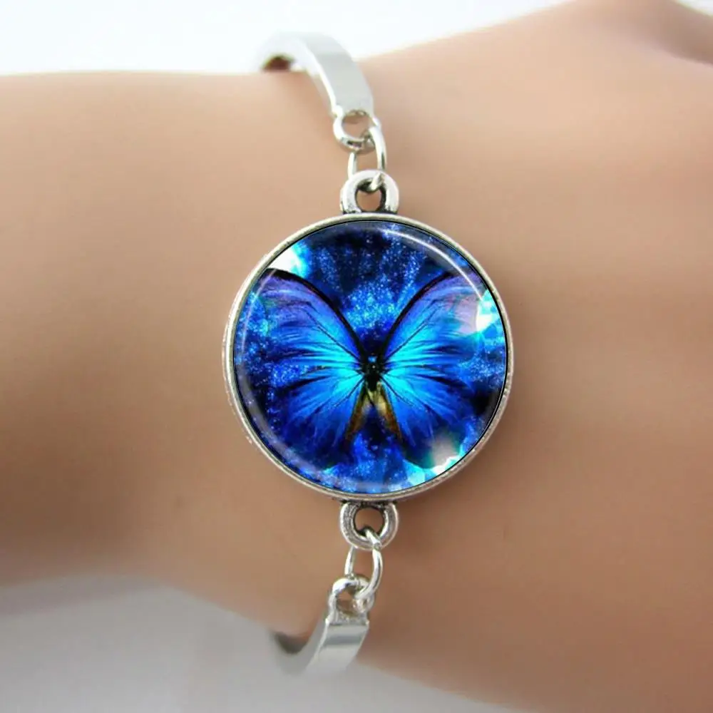 

JOINBEAUTY Blue Glowing Butterfly Bracelet Glass Dome Bangle 2014 New Arrive Fashion Bracelet Jewelry Hot Women Cuff Bracelet