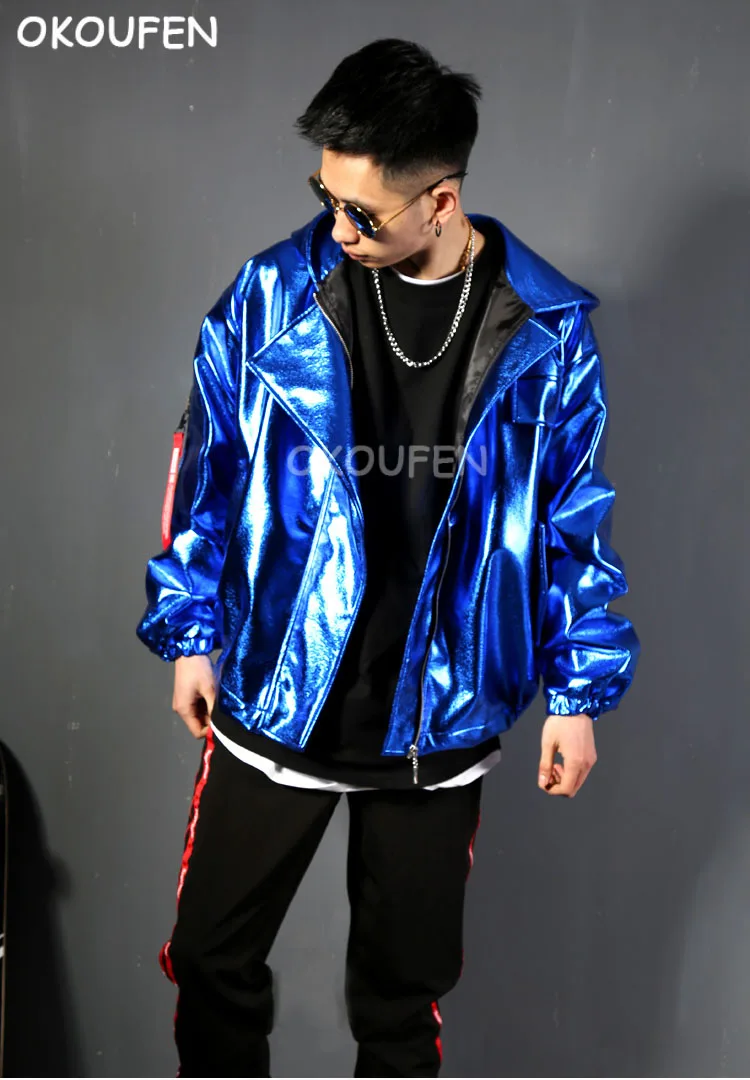 

Men's fashion Blue Loose hooded Jacket wide shoulder U Leather Baseball Uniform nightclub bar hairdresser stage costume