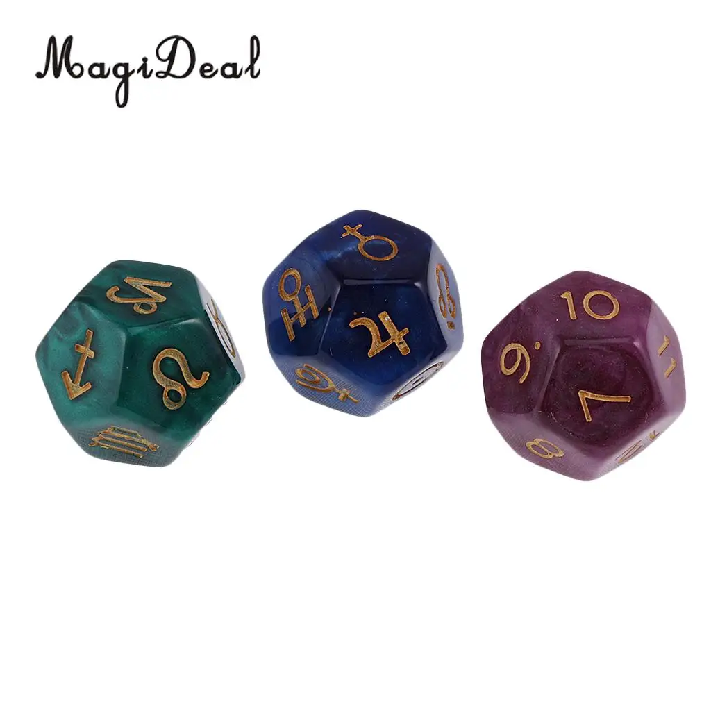 MagiDeal Novelty Pack of 3Pcs Pearl 12-Sided Astrology Digital Dice for Constellation Divination Toys Fun Family Club Game Gift | Спорт и
