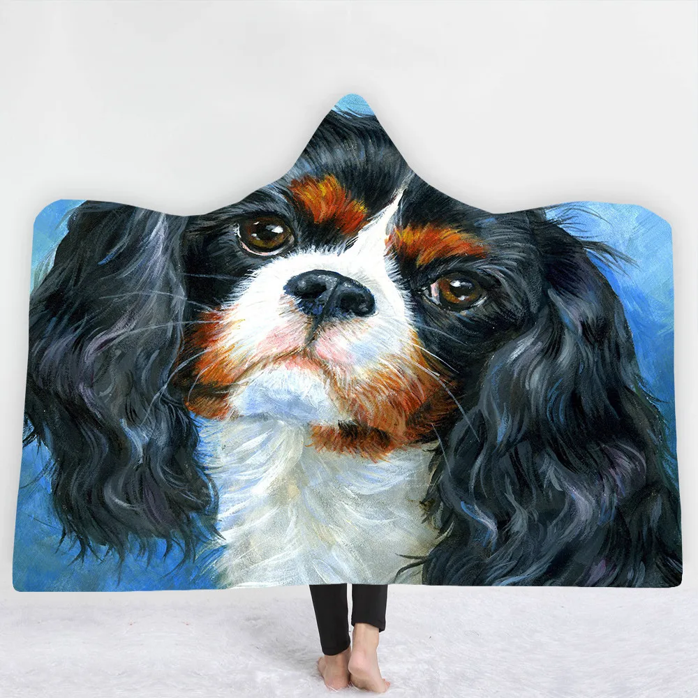 3D одеяло с капюшоном с изображением животных, Шарля спаниеля, Bichon, супер качество, шерпа, флисовое переносное одеяло, плотное теплое одеяло для дивана и кровати