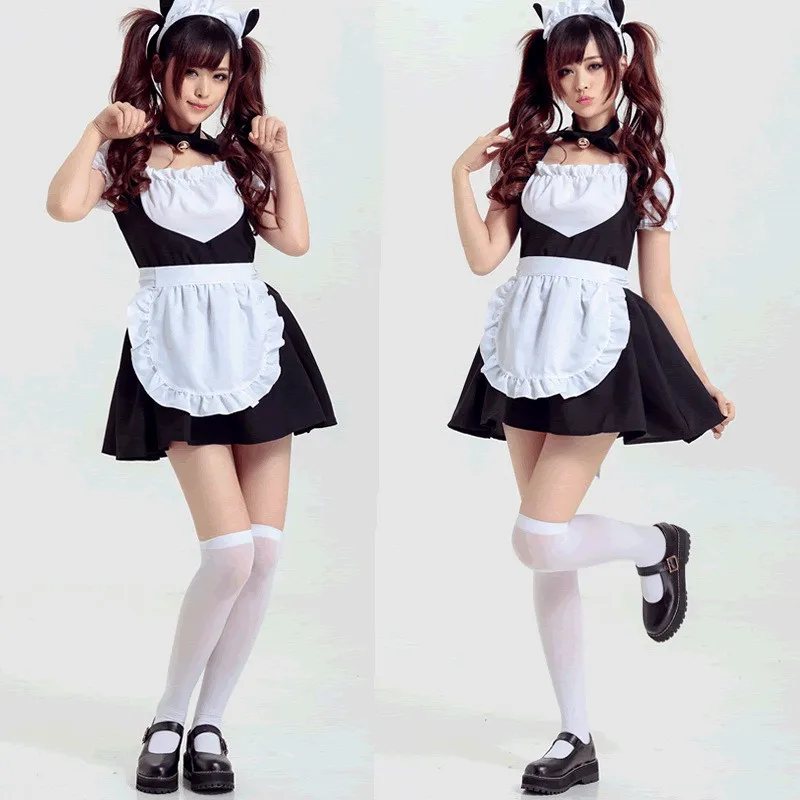 Милый костюм для косплея "Симпатичная кошка в колокольчике в стиле горничной" в классическом стиле для девочек Кавай Лолита, черно-белая униформа для кофейной горничной.