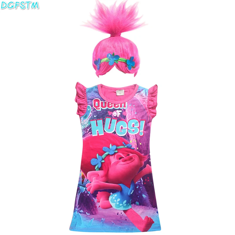 2019 Summer Girl Dress Trolls Clothes Poppy Party new trolls Wig +dresses set Children Costumes For Girls Carnival Kids | Детская одежда