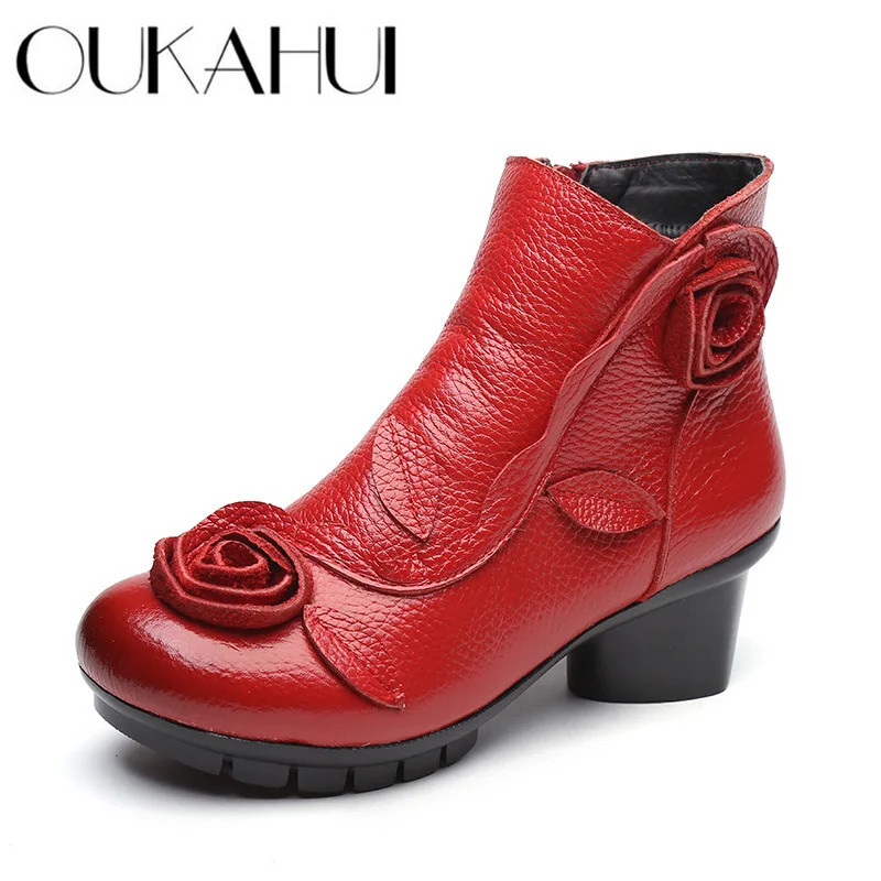 

OUKAHUI Chinese style Handmade Genuine leather boots women martin winter shoes mid heel Side zipper applique fashion boots women