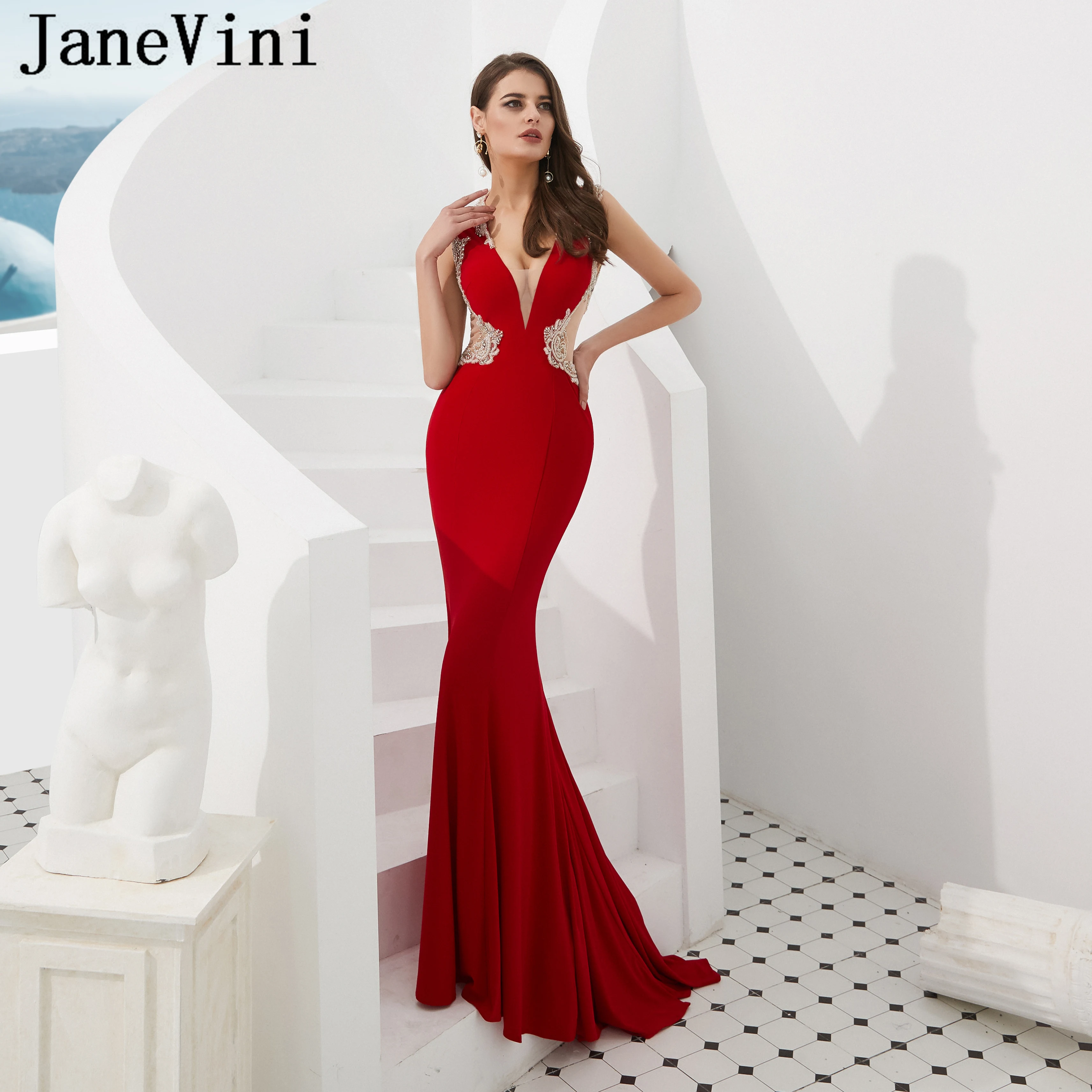 JaneVini 2019 сексуальные красные вечерние платья с глубоким v образным вырезом