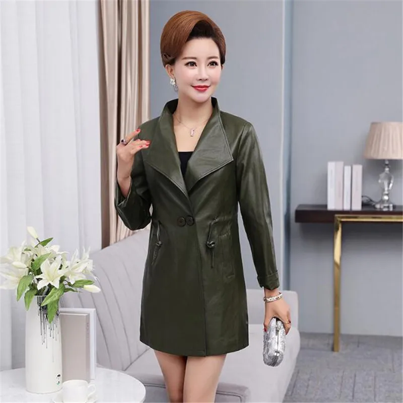 Кожаная куртка женская мода размера плюс 3XL 4XL 5XL 6XL кожаный Тренч для женщин осень зима тонкие черные кожаные пальто Ds50196 - Цвет: army green