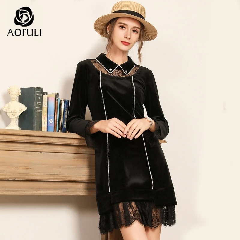 AOFULI M ~ 4XL 5XL Винтаж Хепберн Стиль зима для женщин вельветовое платье жемчужные