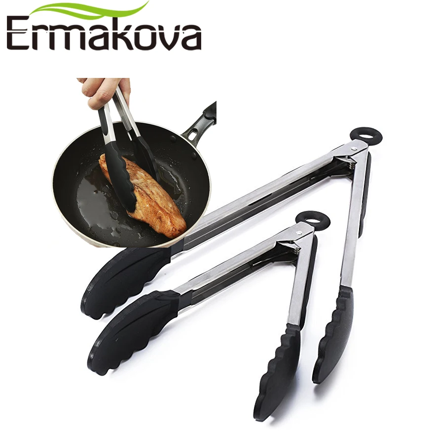 ERMAKOVA 2 шт./компл. 9-дюймовый и 12-дюймовый черный Кухня Силиконовые Тонг с антипригарным покрытием Нержавеющая сталь салат/пусковая площадка салатная приготовления барбекю или жареного хлеба размером Тонг
