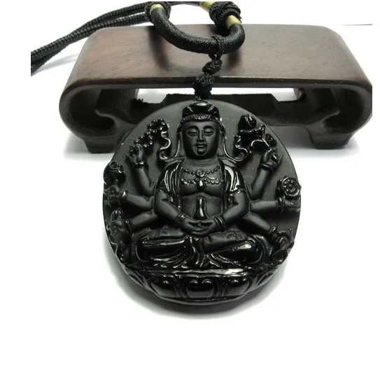High Quality Hot Lucky Carved Natural Black Obsidian Guanyin Buddha Pendant Necklace wholesale Free Shipping | Украшения и