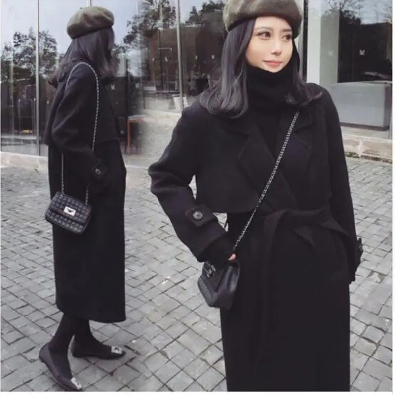 Женское шерстяное пальто длинное черное верхняя одежда размеры S/M/L/XL/XXL для весны