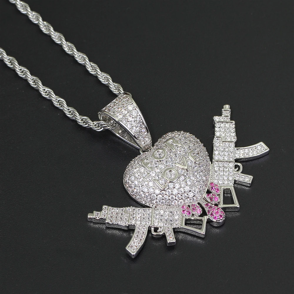 

Iced Out Heart Drip With Gun For Love Pendant Necklace Men Women With Rope Chain Hip Hop Silver Color Charms Link Jewelry Gift