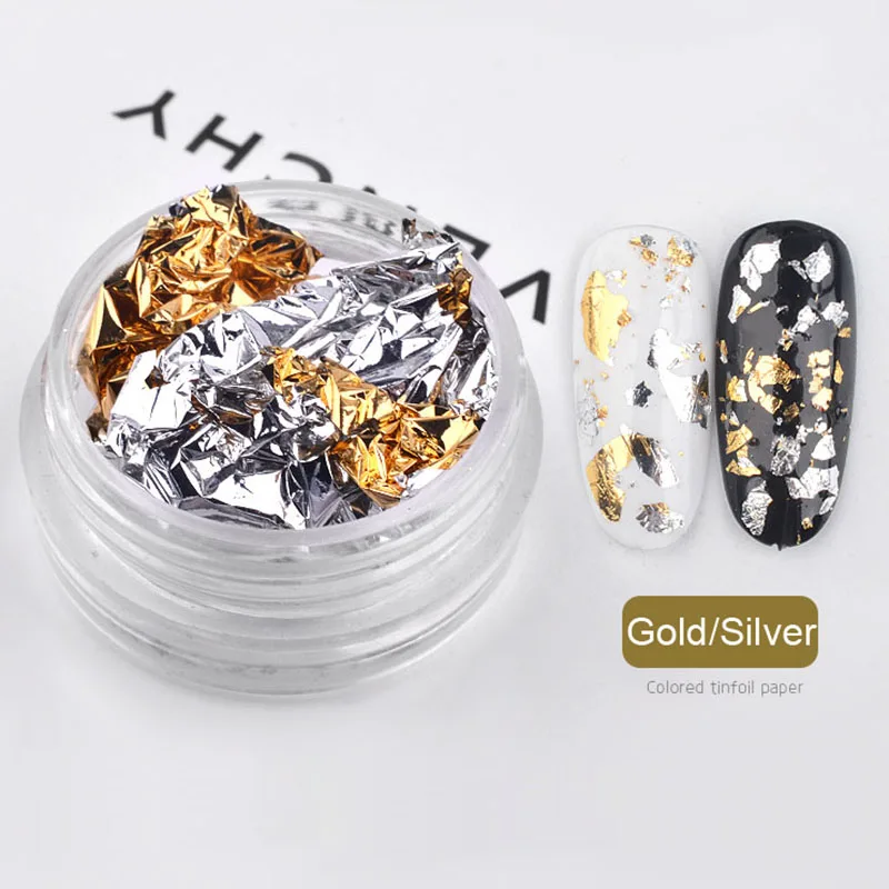 Gold-Silver 1 коробка алюминиевых хлопья для ногтей блестки золото/серебро/фиолетовый/синий/красный Необычные блестки Волшебные фольги DIY очаровательные Советы украшения для ногтей - Цвет: Gold-Silver