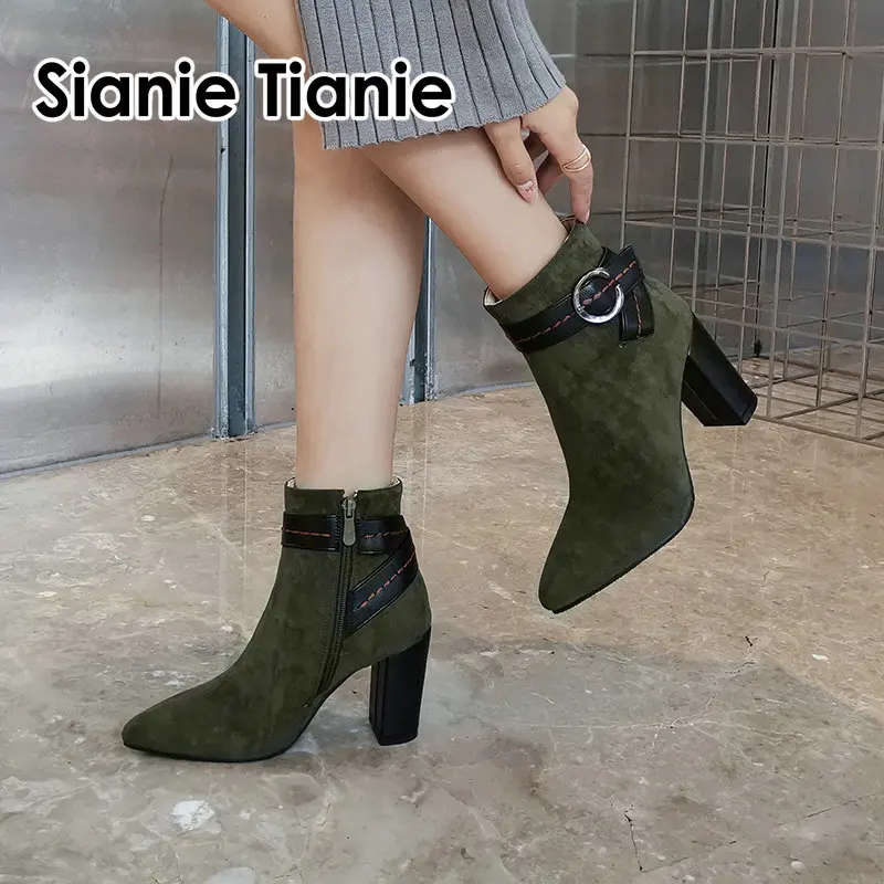 

Sianie Tianie 2020 winter autumn woman pumps pointed toe block high heels buckle strap women ankle boots big size 33-46 booties