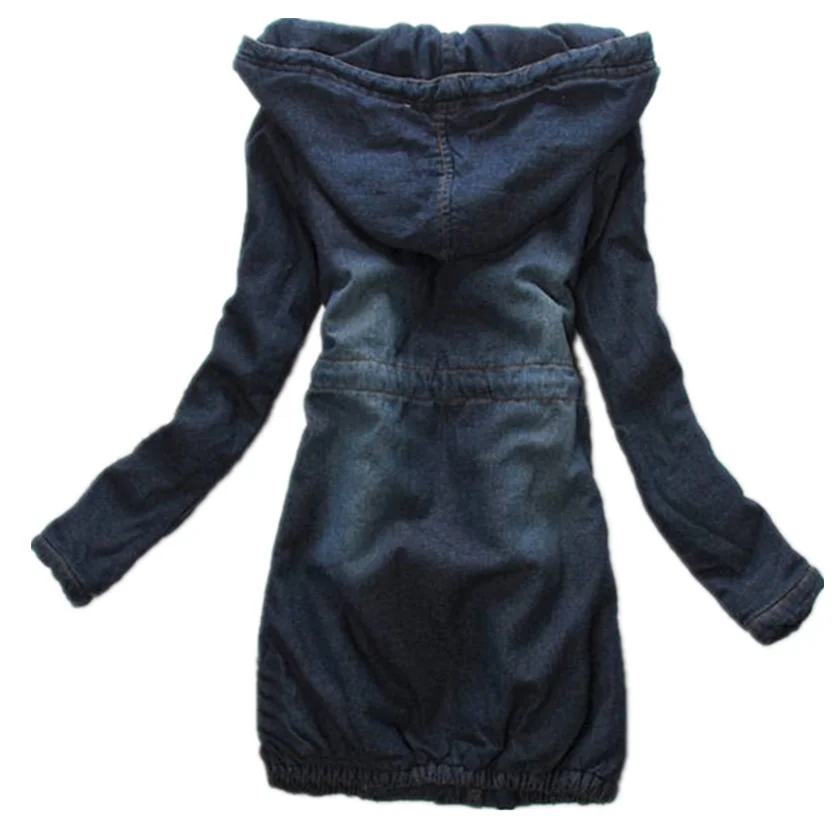 2019 Женское зимнее винтажное длинное джинсовое пальто с капюшоном теплая