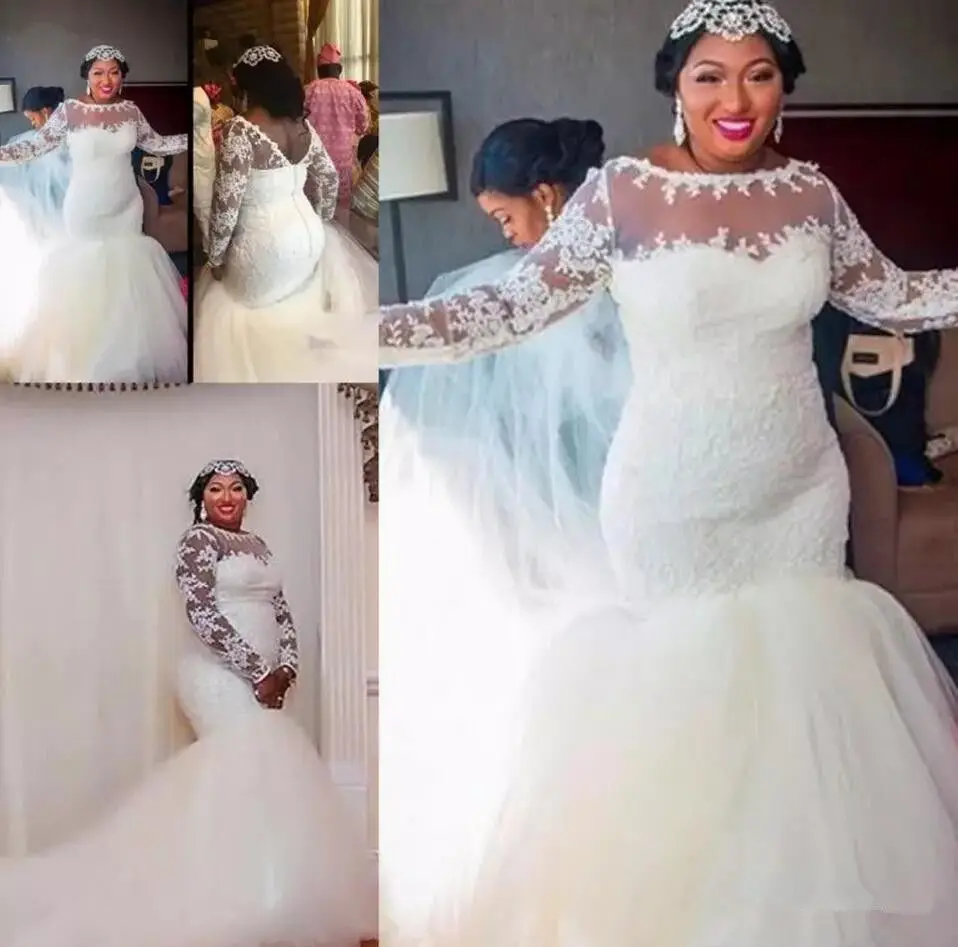 

Modest Long Sleeve Wedding Dresses African Lace Appliques Bridal Gowns Plus Size Mermaid Vestidos de Novia