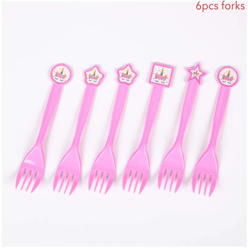 Unicorn plastic fork Волшебный Единорог одноразовая посуда Радужный Единорог бумажная тарелка чашка с днем рождения украшения для детской вечеринки - Цвет: Unicorn plastic fork
