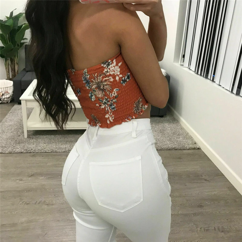 

Women Tops 2019 Summer Floral Tank Top Bandeau Top Woman Vest Casual Tops Womens Clothing Ruffle Ladies T-shirt Knitting Tees