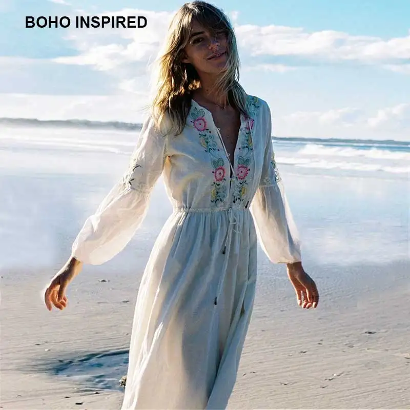 BOHO INSPIRED white dresses women floral embroidery long sleeve V-neck tassel cotton summer dress robe femme 2018 vestido | Женская