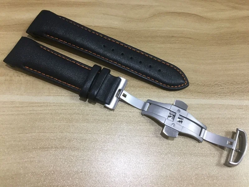 With Silver Buckle 22 мм T035407A T035410 высокое качество серебряная бабочка пряжка оранжевый прошитый черный гладкий ремешок из натуральной кожи для T035 ремешок - Цвет ремешка: With Silver Buckle