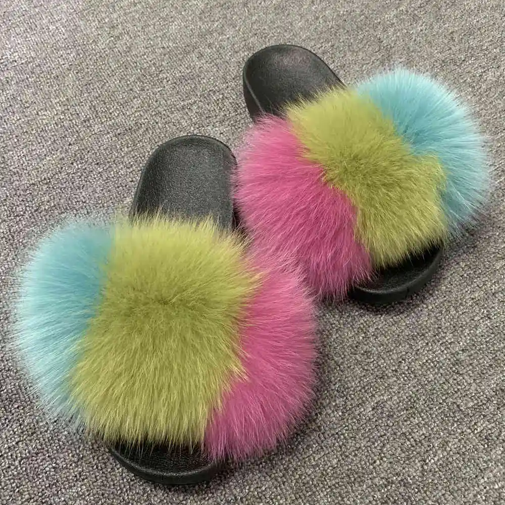 3 CCFUR New Colors Summer Slides Women's Real Fox Fur Slippers Fluffy Fur Sliders Mixed Color Fashion Lady S6048 - Цвет: 3