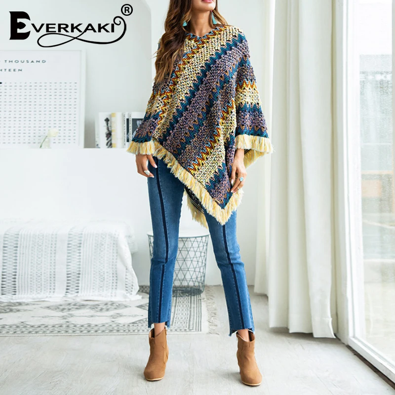 Everkaki Boho вязаный свитер с кисточками шаль женская накидка этнический толстый
