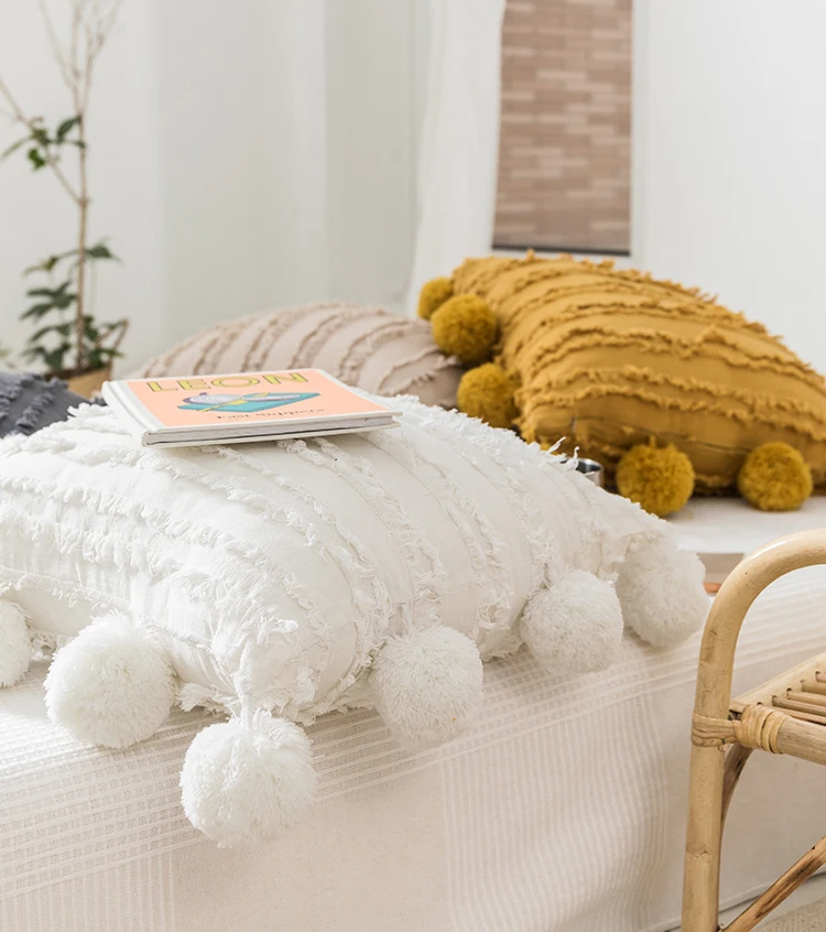 Solid Cushion Cover Floral Tassels Square Pillow case White Yellow Grey Pillow Cover 45x45cm Home Decoration Sofa 18" Pompom
