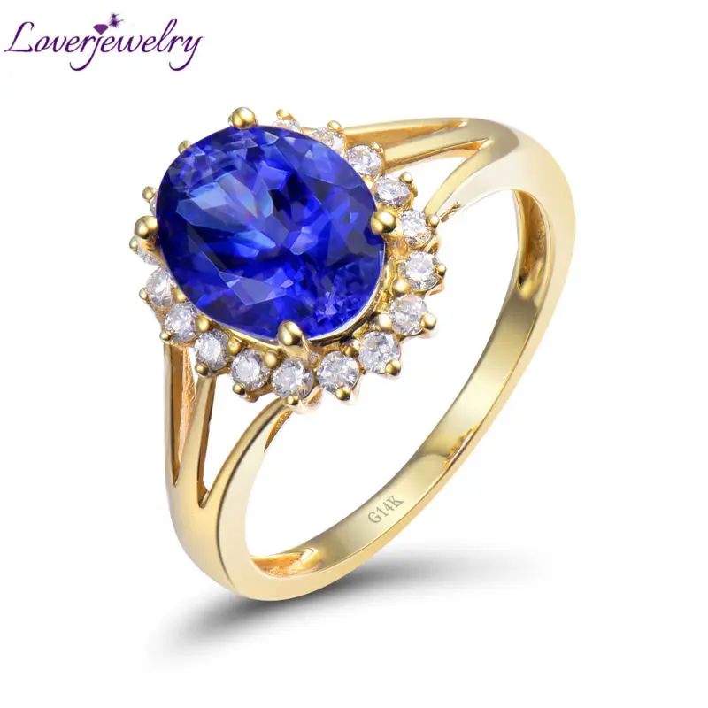 LOVERJEWELRY Винтаж овал 9x7 мм сплошной 14Kt желтого золота с бриллиантами Танзанит