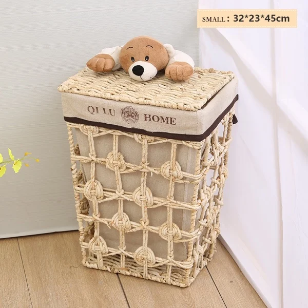 Natur disk flower sm Корзина для белья грязной одежды с крышкой для детей, большая соломенная корзина для хранения из ротанга, тканая коробка для хранения с рисунком медведя, кукурузной шелухи - Цвет: Natur disk flower sm
