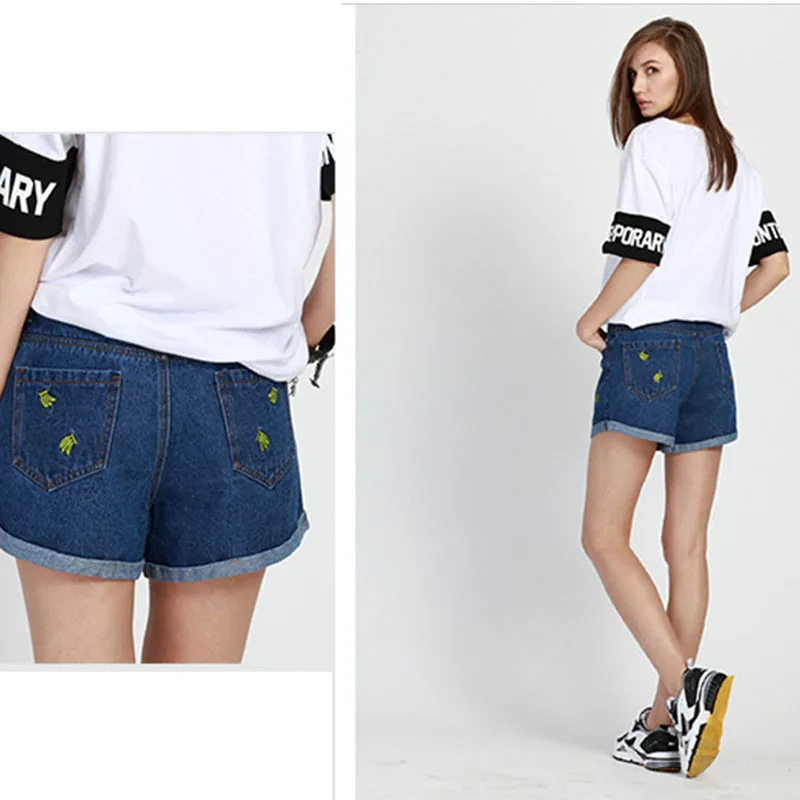 Джинсовые шорты женские летние джинсовые с вышивкой банана 2017 повседневные на
