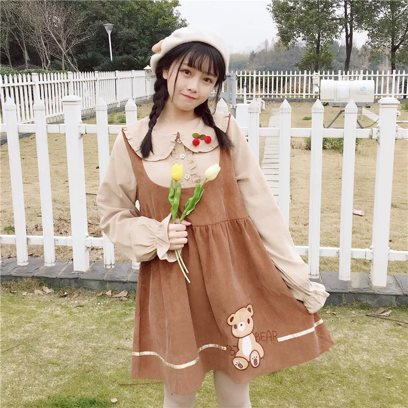 Женские платья Япония Kawaii Ulzzang милые вышитые поддельные из двух частей платье